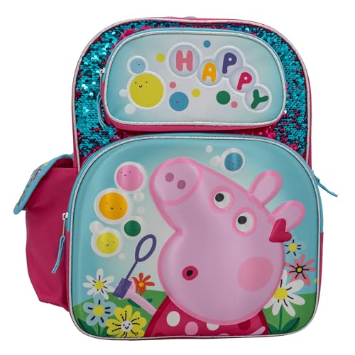 AI ACCESSORY INNOVATIONS Peppa Pig 16 Backpack Girls Travel Bag Featuring Flip Sequins & 3D Molded Satin Front Zip Pocket Pink