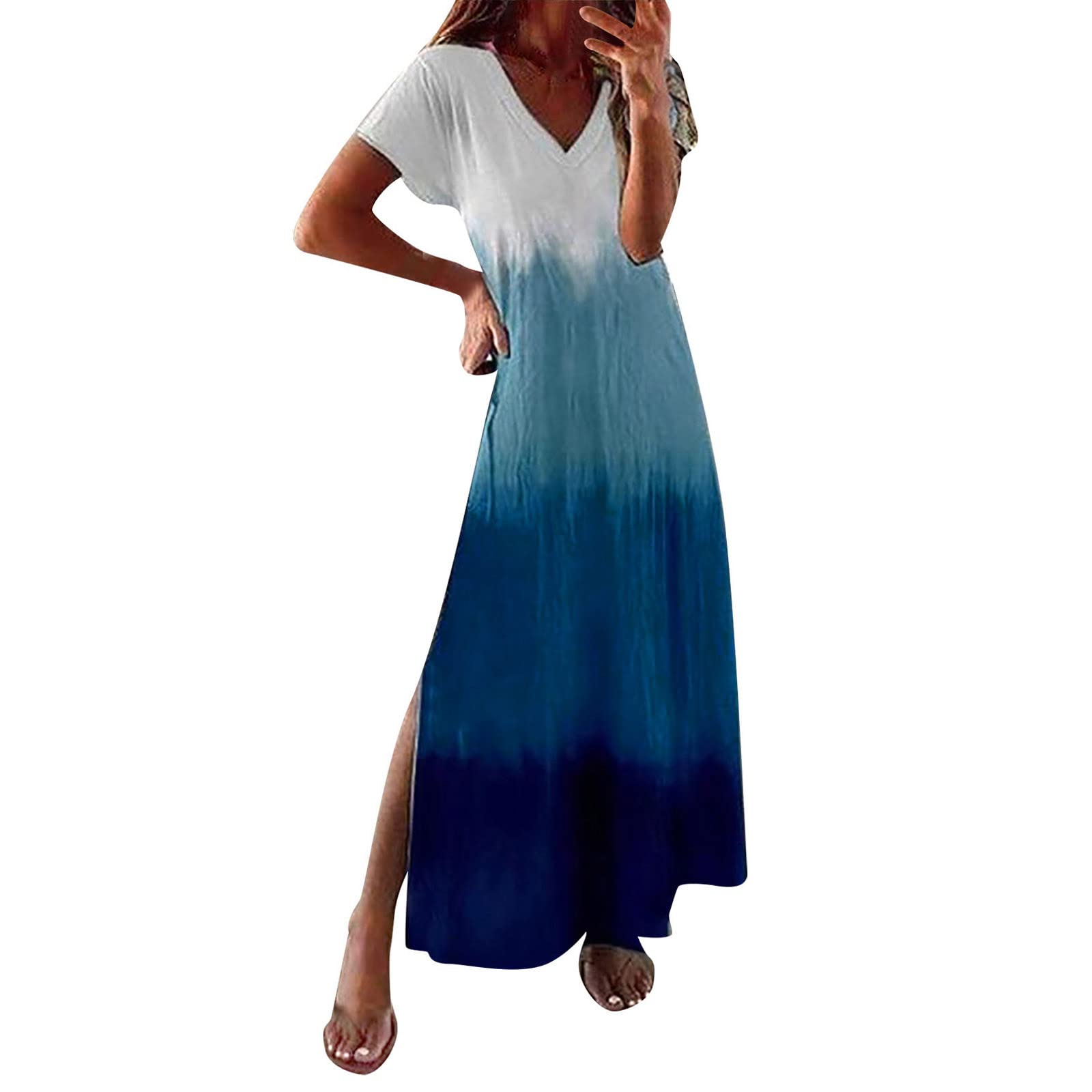 VEMOW Vestido Largo Bohemio Manga Corta con Cuello en V y Abertura, Vestido Playero de Verano Estampado de Floral Informal Vestido Plisado de Mujer Fiesta Playa Vacaciones Bohemios
