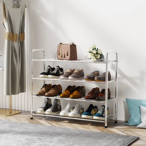 Fanhao 4-Tier Shoe Rack, 100% Stainless Steel Shoe Storage Organizer, Stackable 12-Pair Storage Shelf For Bedroom, Closet, Entryway, Dorm Room, 26.8" W X 10.24" D X25.6 H (Silver) #TOP2