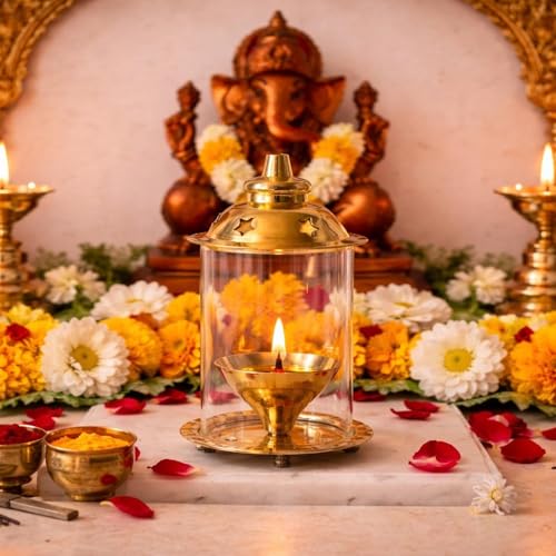 Image of Klassic Akshi Navjyoti 4-Inch Brass Diya with Borosilicate Glass Shade for Home & Mandir, Decorative Brass Oil Lamp Lantern Diya with Glass Cover, Wick Holder & Gold Lid (Pack of 2, Golden)