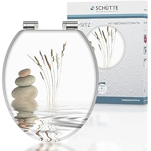 SCHÜTTE WELLNESS asiento de inodoro con mecanismo de cierre suave de madera, asiento de inodoro con tapa de inodoro, tapa de inodoro con núcleo de madera con motivo, Blanco