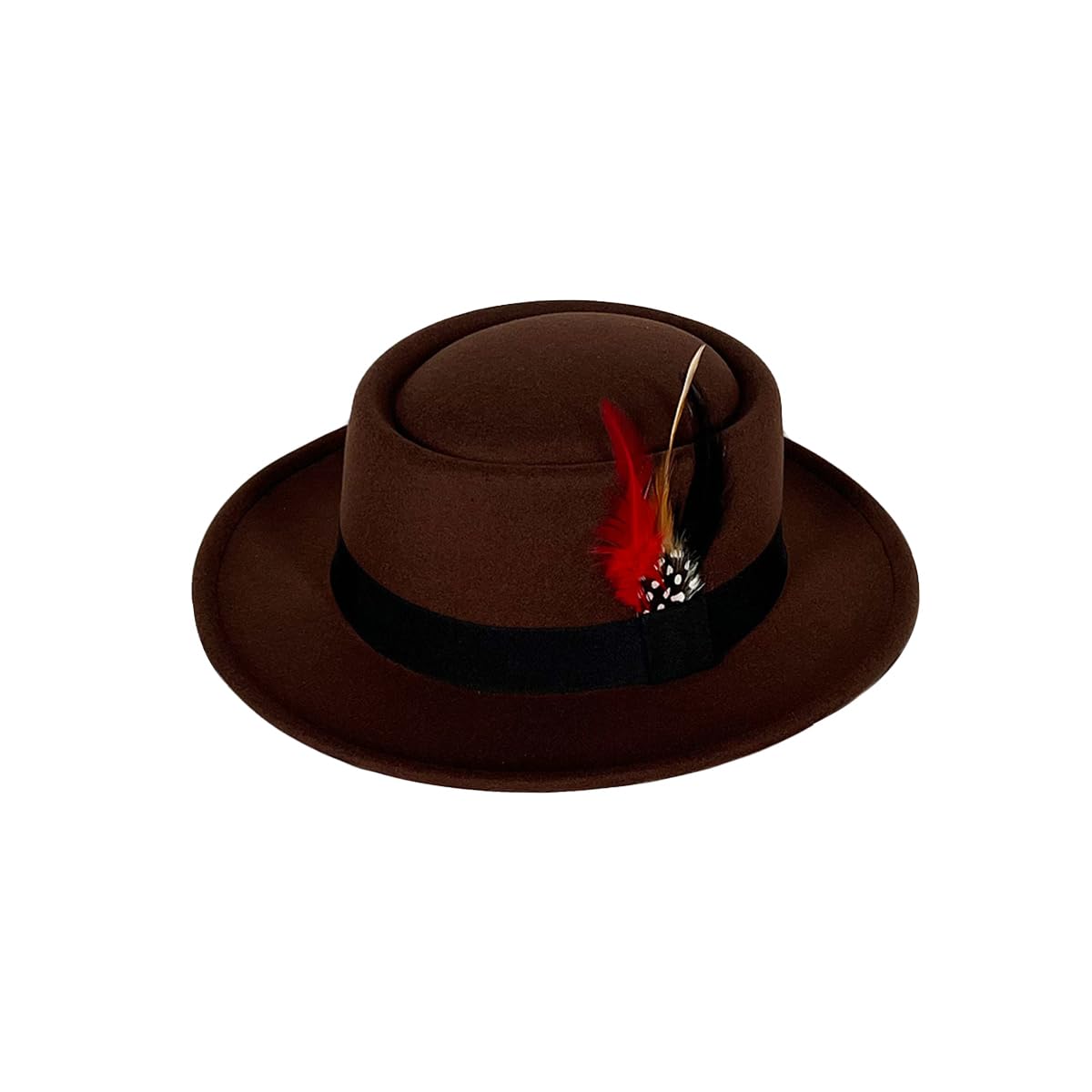PunctualgoodWool Felt Fedora Hats for Women Men, Wide Brim Flat Top Hat Porkpie Hat, Jazz Hat with Feather Unisex