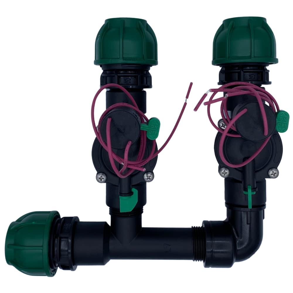 collettore irrigazione 2 zone 2 elettrovalvole 24v con portagomma compressione da 32 mm per impianti di irrigazione giardino giardini automatici