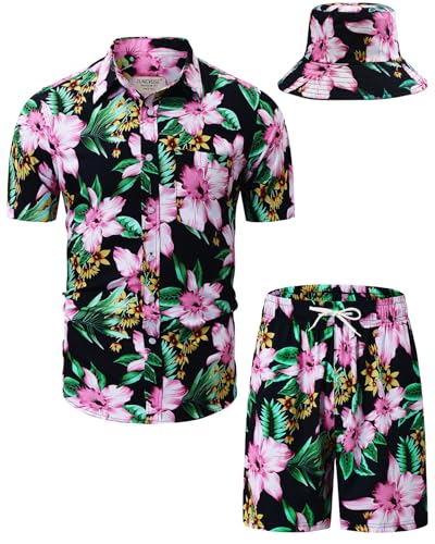 TUNEVUSE Mens Hawaiian Shirt & Shorts Set with Bucket Hat