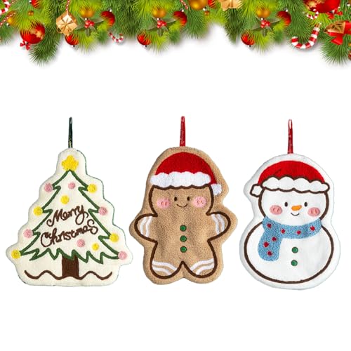 3 toallas de Navidad absorbentes de forro polar de coral, árbol de Navidad, muñeco de nieve, muñeco de jengibre, diseño de muñeco de jengibre, toalla seca a mano, para cocina, baño,
