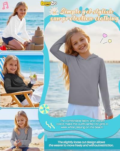 Image of 3 Pack Girls Sun Protection Swim Shirts UPF 50+ Long Sleeve Rash Guard Lightweight Quick Dry Hoodies with Thumbhole
