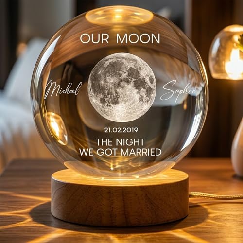 Evamall Custom Moon Phase Crystal Ball Night Light Personalized LED Crystal Globe for Couples Wedding Anniversary Keepsake Valentines Day Gift The Night We Got Married