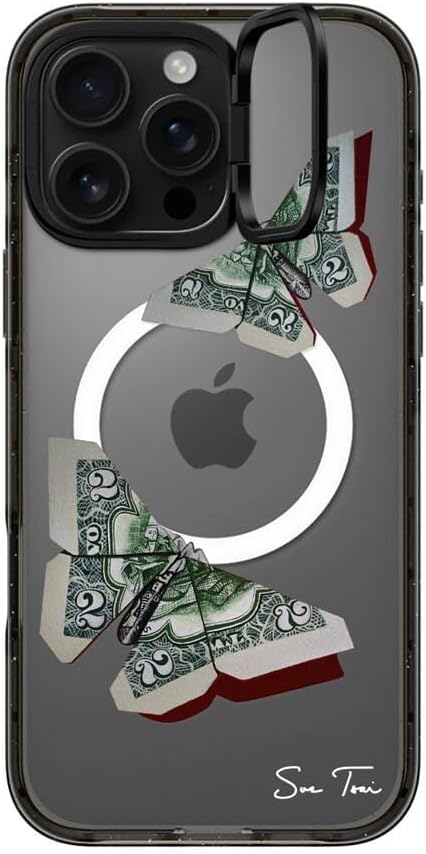 CASETiFY Impact Ring Stand Case for iPhone 16 Pro Max [Kickstand / 6.6 ft. 3X Military Grade Drop Protection/Compatible with Magsafe] - MONEYFLY - Clear Black