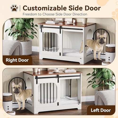Dog Crate Furniture, 39.4 in Dog Kennel for Dogs Up to 70 LB, with Bed Mat, Heavy-Duty Dog Cage End Table, Three Doors Dog House, White/Brown - Image 5