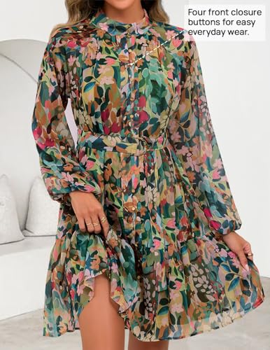 ZESICA Womens Fall Floral Mini Dress 2025 Long Sleeve Button Down Chiffon A Line Flowy Short Shirt Dresses with Belt3
