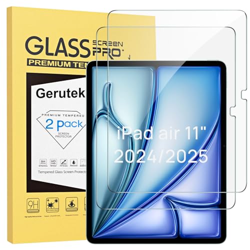 Gerutek [2 Piezas Protector Pantalla para iPad Air 11 Pulgadas 2025 (M3)/Air 11' 2024 (M2), Dureza 9H, HD Transparente, Antiarañazos, Sin burbujas, Antihuellas, Cristal Templado para iPad Air 11 2025