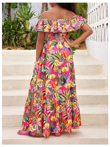Image of BEAUDRM Girl's Summer Outfits Tropical Summer Dress Hawaiian Off Shoulder Tops and Ruffle Skirt Set Vacation Beach Clothes