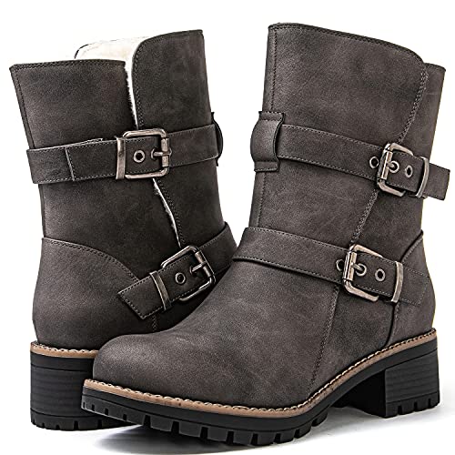Image of GLOBALWIN Women's Ankle Boots For Women Faux Fur Lined Winter Moto Boots Ankle Booties With Adjustable Double Buckles