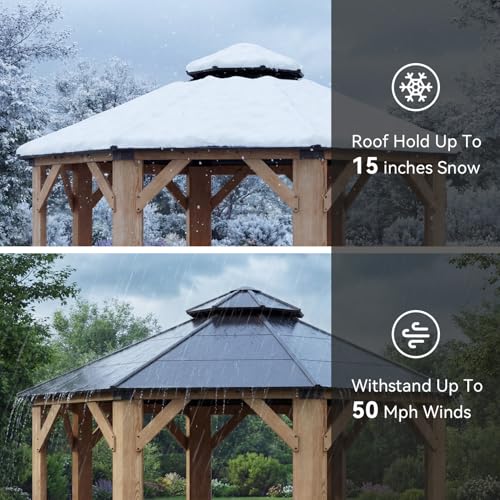 Image of Aoxun 13' x 13' Outdoor Wood Gazebo, Hardtop Gazebo Permanent Wooden Pavilion with Galvanized Steel Double Roof, for Backyard, Garden, Poolside, Cedar Wood, Natural