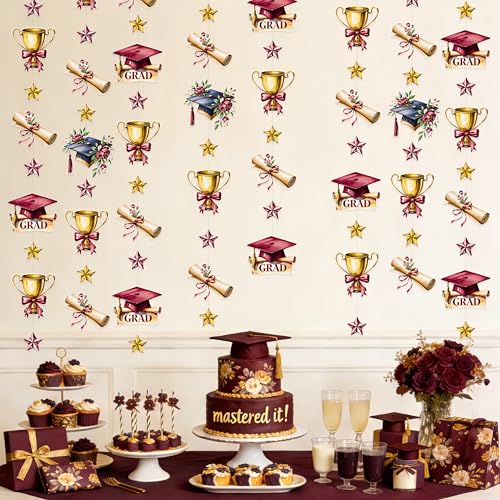 Image of Maroon Gold Graduation Party Hanging Streamer Floral Burgundy Gold Star Grad Cap Garland Banner for Congrats Grad Class of 2026 You Did It We are So Proud of You Themed Party Decorations Supplies