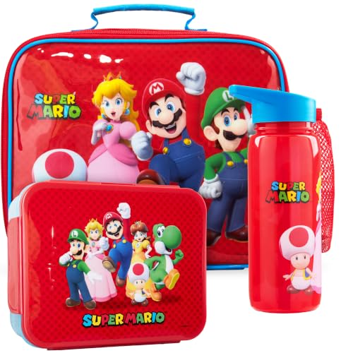 Get Trend Super Mario Kids Insulated Lunch Bag 3Pc Set with Bento Lunch Box & 640ml BPA-Free Water Bottle with Straw Lightweight Kids Snack Box Gamer Gifts for Boys (Red/Multi Mario)