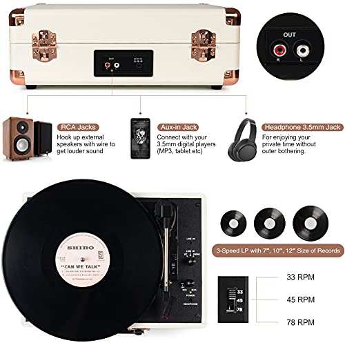 Image of Turntable Vinyl Record Player 3-Speed Suitcase Portable Belt-Driven Record Player with Built-in Speakers RCA Line Out AUX in Headphone Jack Vintage White