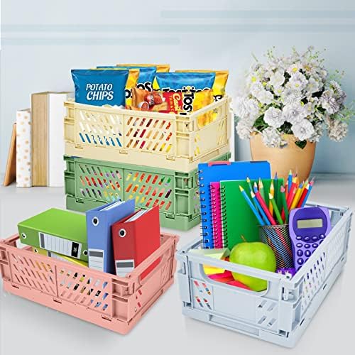 Upkey Storage Crates, 4 Pack Stackable Storage Boxes Desk Sturdy Hollow Folding Storage Basket Drawer Organizer Plastic Crate for Bedroom Office Bathroom Toiletries Cosmetics