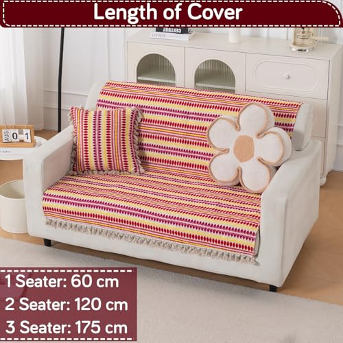 Image of HOKIPO 'Artisan Boho Series' 450 GSM Sofa Cover with Tassels | Multicolor Cotton Acrylic Jacquard Slipcover for 2 Seater Sofa, Size 152x120 cm, Ruby Red (IN-908-A6)