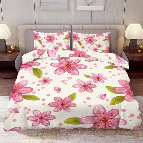 Delerain Comforter Cover Set Twin Size, Pink Flowers Leaves 3-Piece Bedding Set for Boys Girls Teens Modern Soft Microfiber Bedroom Set Room Decor, 1 Duvet Cover + 2 Pillowcases