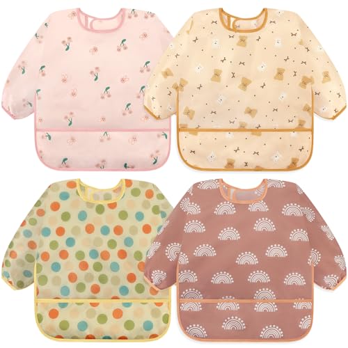 Accmor 4 Pack Long Sleeve Bibs Baby Smock Waterproof Sleeved Bib Smock for Baby Toddler 6-24 Months