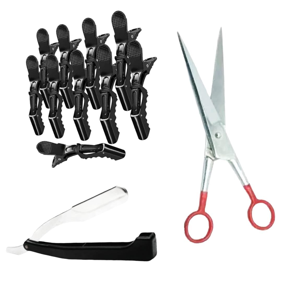 IRON WHITE SCISSOR 7.5 INCHE, RAZOR STAINLESS STEEL AND CROCODILE SECTIONS PLASTIC CLIP 10 PIECE-image-9
