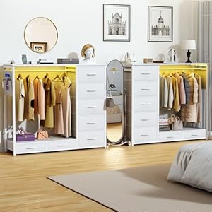 Dresser for bedroom with hanging rack 7 drawer clothes storage chest with lights and charging station wardrobe dresser with hooks and pocket wood top nursery white  urban country home decor