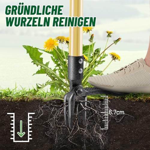 Ormalla Unkrautstecher, 1.1m Langem Stiel, Löwenzahn Entferner, Natürlicher Bambusgriff und 4 Metallkrallen, Aufrecht Stehender Unkrautentferner mit Gartenhandschuhen Geschenk, Haustierfreundlich
