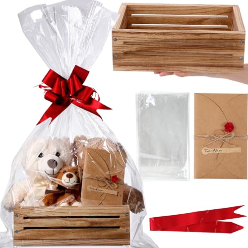 Image of Wonderjune Wooden Baskets for Back to School Gifts Empty Wood Basket with Cellophane Bag Ribbon Greeting Card for Birthday Baby Shower Wedding Housewarming Gifts Packaging(Brown,Small)