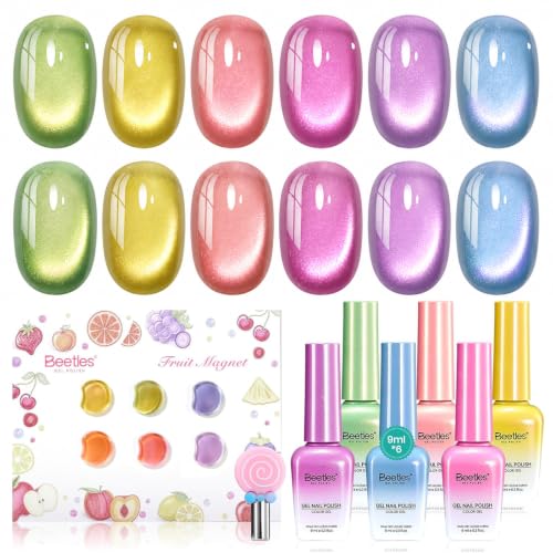 Beetles Fruit Magnet Cat Eye Gel Nail Polish Set, 6 Colors Glass Cat Eye