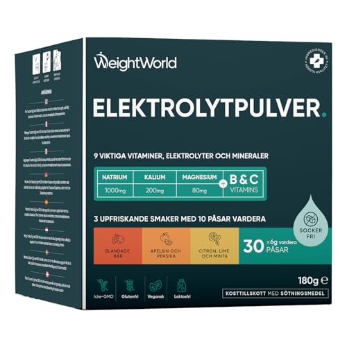 Elektrolytpulver – Vitamin B-komplex, magnesium, vitamin C, natrium och kalium – 30 påsar à 6 g – Sockerfritt – 3 smaker – 9 vitaminer, elektrolyter och mineraler – WeightWorld