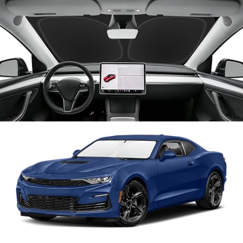Image of Custom Fit Windshield Sun Shade for Chevy Camaro 2016-2024 | Blocks UV Rays and Sun Heat, Helps Reduce Interior Temperature, Protects Dashboard from Fading, Folds Easily for Storage