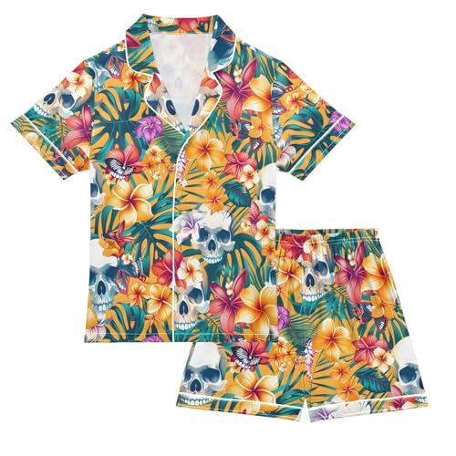 ALAZA Tropical Flower Sugar Skull Blossom Pajamas Satin Pajama Set Short Sleeve Button Down Sleepwear