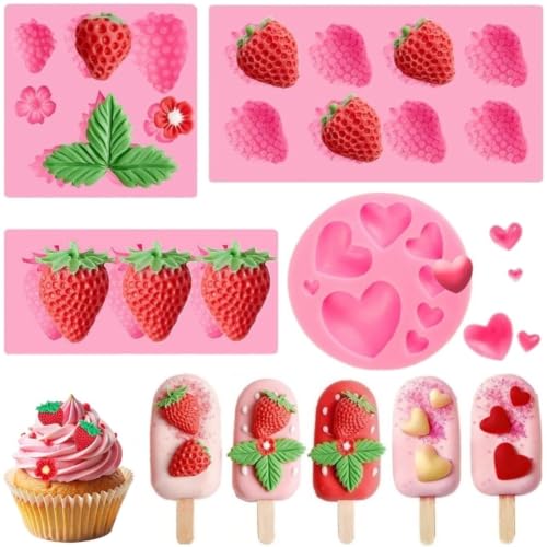 4 PCS Strawberry Fondant Molds Love Heart Fondant Silicone Molds Fruit Baking Mold for Cake Decorating Cupcake Topper Chocolate Candy Candle Clay