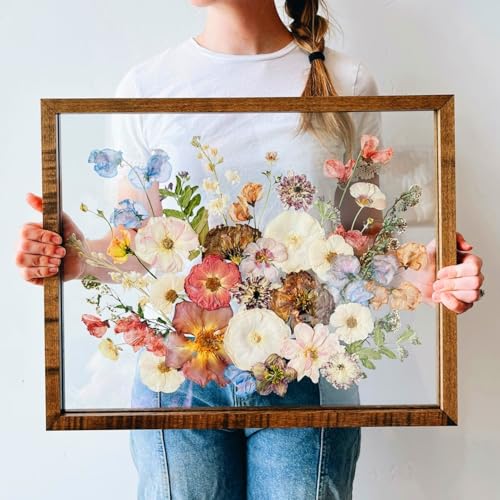 Volakk Floating Frame 16x20 Teak Wood Floating Picture Frames Double UV Glass Shadow Box Flower Press Picture Frame Large Dried Flower Frames Artwork Bouquet Wedding Memory Preserved Wedding Bouquet
