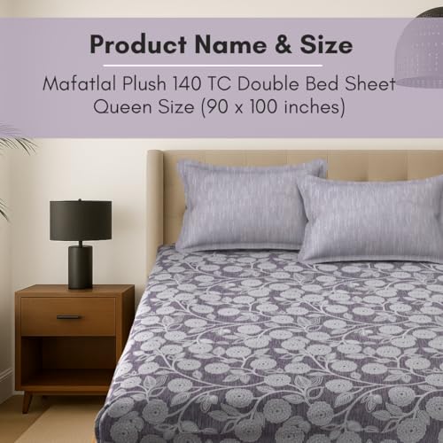 Image of MAFATLAL Plush 140 GSM Double Bed Sheet | Ultra-Comfort Microfiber | Queen 90x100 | Smooth, Soft & Long-Lasting | Lavender Grey
