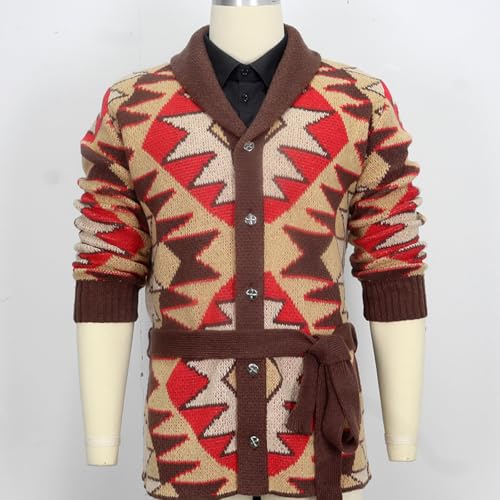Mens Vintage Cardigan Sweater Shawl Collar Jacquard Knit Button Up Heavy Weight Knitwear with Belts3