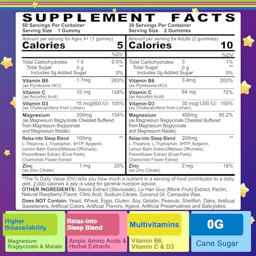 Magnesium Glycinate Gummies for Adults & Kids 4+, Sugar Free Magnesium Bisglycinate Supplement 400/200mg with B6D3, 5HTP, L-Theanine for Sleep & Relaxation, Brain, Muscle, Melatonin Free Gummies,2Pack - Image 3