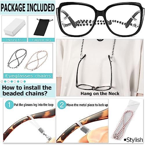 Image of Stylish Oprah Computer Glasses Blue Light Blocking, Retro Large Frame with Fashion Eyeglasses Chains for Women 2 Pack +0.0