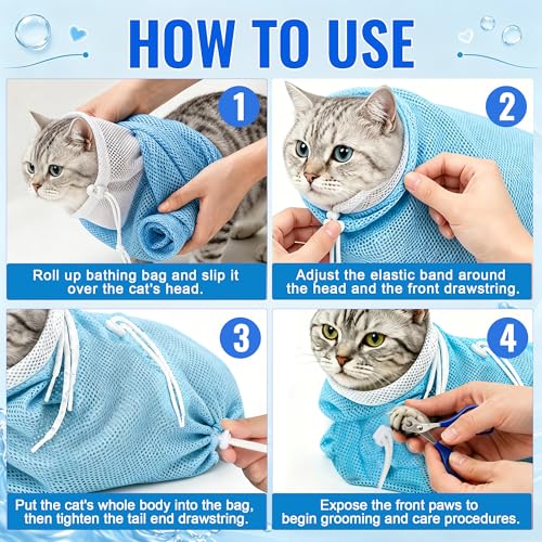 Image of Cat Bathing Bag, Catcan Breathable Cats Grooming Bag, Anti Scratch Adjustable Cat Shower Washing Bags with Mesh for Nail Trimming (White- Blue)