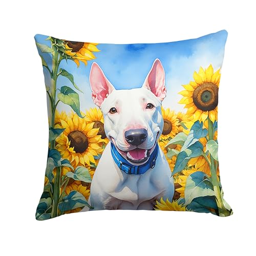 Caroline's Treasures in Sunflowers Throw Pillow, 18Hx18W, English Bull Terrier 6071
