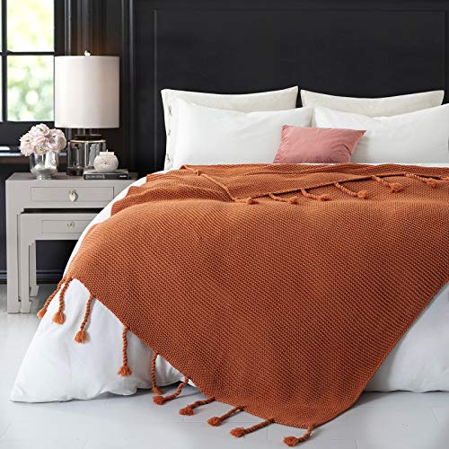 Rudong M Knitted Throw Blanket With Fringe, Rust Orange Knit Throw Blanket For Couch Bed Sofa 50" X 60" #TOP3