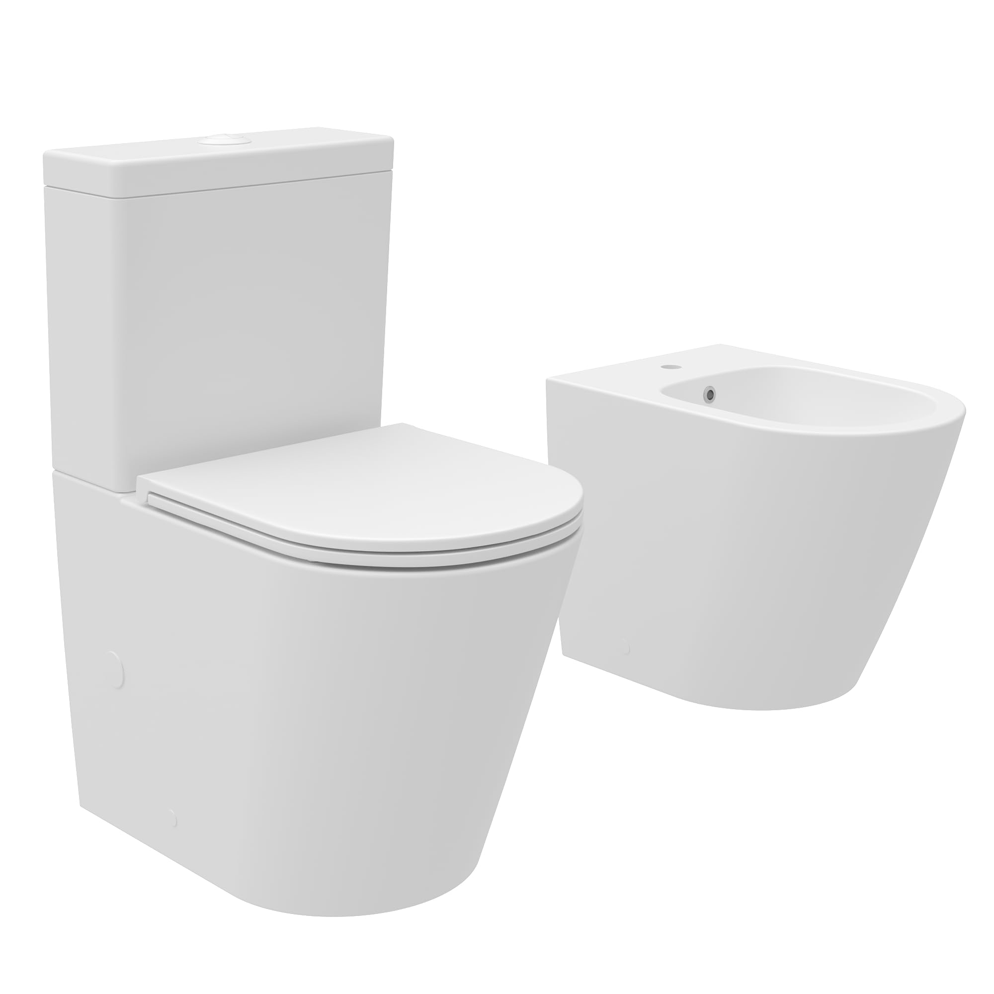 Coppia di sanitari filomuro vaso monoblocco rimless e bidet bianco opaco | Vienna