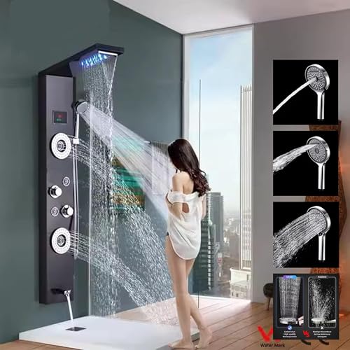 Image of 6-in-1 SS304 Shower Panel | Matte Black Finish | Waterfall & Rainfall Shower | Body Massage Jets | Hand Shower | Tub Spout | Hot & Cold Mixer (Black)