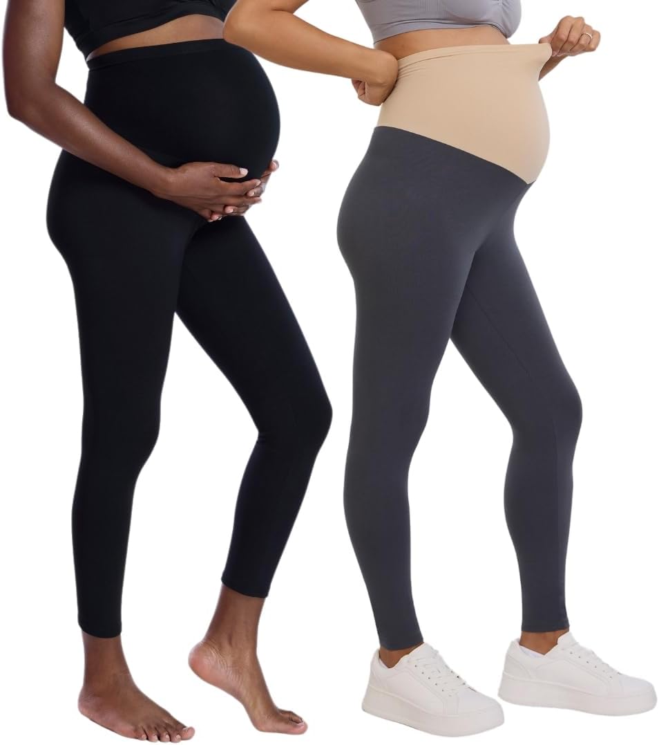 Motherhood Maternity Women's Essential Stretch Full Length Secret Fit Over The Belly Pregnancy Legging, 2 Pack-Black/Asphalt, Large