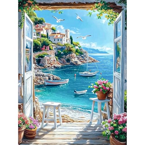 KEYIFA Mer Porte Peinture par Numéros pour Adulte, Paysage Kits de Peinture au Numéro avec Acrylique, DIY Fleurs Creatif Toile Paint by Numbers Kits,...