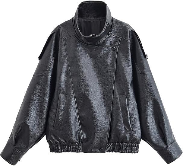 Womens Faux Leather Jacket Stand Collar Oversize Pebbled Zip Up Crop Jackets Winter Motorcycle Jacket - Image 6
