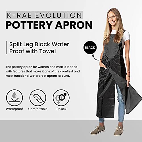 K-Rae Evolution Stay Dry Craft And Pottery Apron Split Leg, Full Coverage With Towel Loops, Water Proof Apron For Men & Women, Adjustable Split Leg Black Apron, Dirt, Oil And Chemical Resistant #TOP1