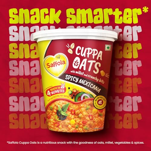 Image of Saffola Cuppa Oats, Spicy Mexicana | Tasty Mazedaar Snack | Just add hot water | Goodness of Jowar & Veggies | No Maida, No Added Preservatives | Helps Manage Weight | 44g /52g (weight may vary)