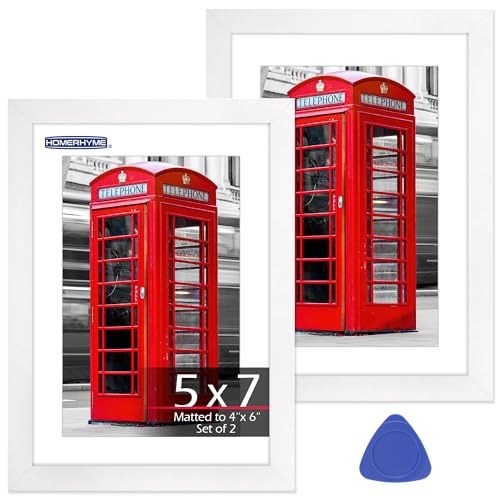 HOMERHYME 5x7 Picture Frame Set of 2 White Photo Frames for Gallery Wall Mounting or Table Display Display Pictures 4x6 with Mat or 5x7 Without Poster Frames with Plexiglass for Home Office Decor
